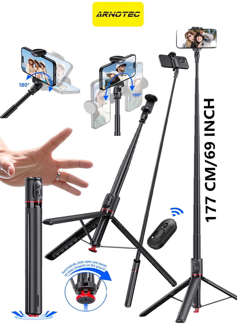 ARNOTEC - 69 Inches (177cm) Selfie stick tripod with Bluetooth remote control, foldable and retractable, automatic pop-up design, compatible with iPhone and Android phones, 180° adjustable phone holder, suitable for Vlog, live broadcast, selfie - Image 1