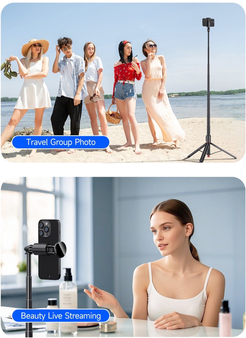 ARNOTEC - 69 Inches (177cm) Selfie stick tripod with Bluetooth remote control, foldable and retractable, automatic pop-up design, compatible with iPhone and Android phones, 180° adjustable phone holder, suitable for Vlog, live broadcast, selfie - Image 1