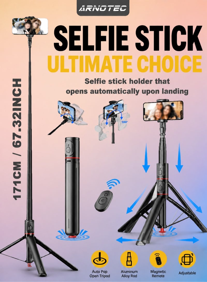 ARNOTEC 67.32 Inches (171cm) Selfie stick tripod with Bluetooth remote control, foldable and retractable, automatic pop-up design, compatible with iPhone and Android phones, 180° adjustable phone holder, suitable for Vlog, live broadcast, selfie - Image 1