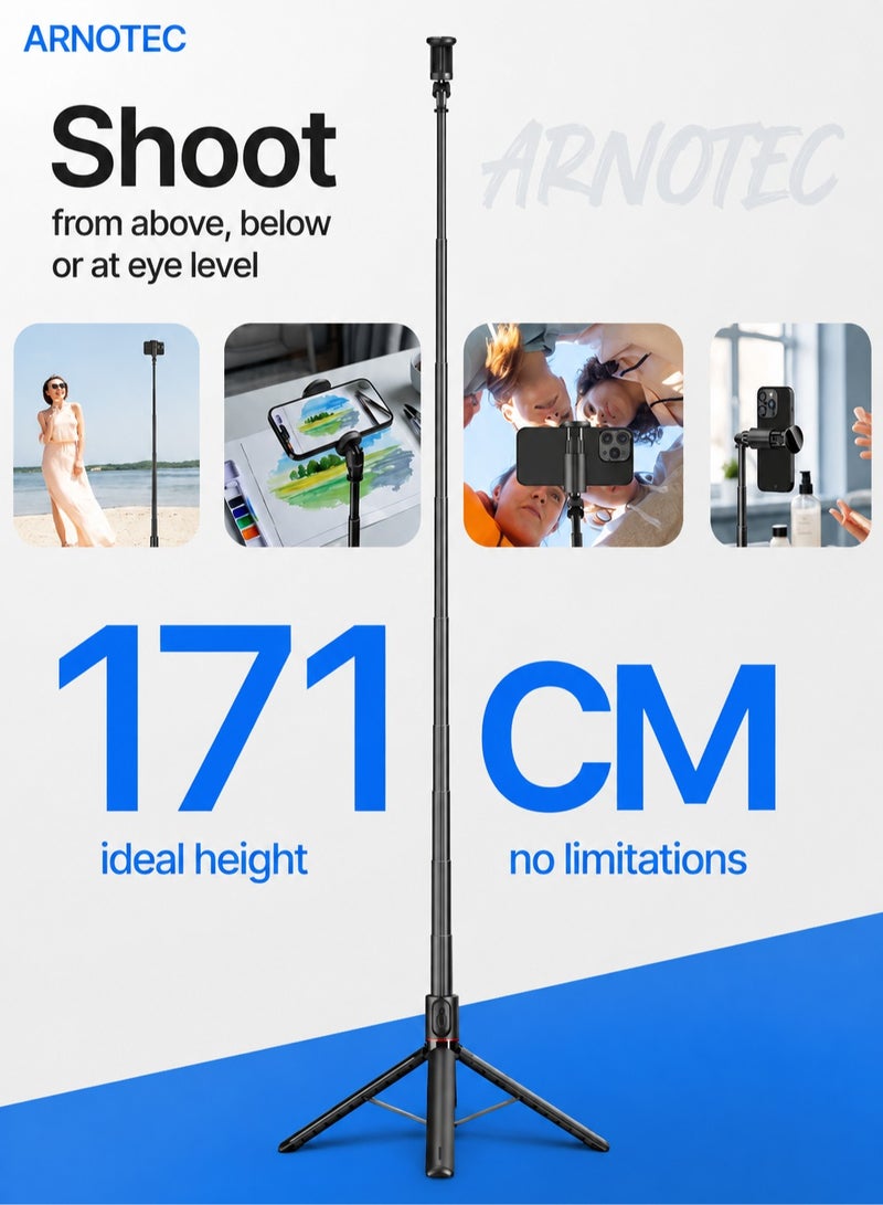 ARNOTEC 67.32 Inches (171cm) Selfie stick tripod with Bluetooth remote control, foldable and retractable, automatic pop-up design, compatible with iPhone and Android phones, 180° adjustable phone holder, suitable for Vlog, live broadcast, selfie - Image 2