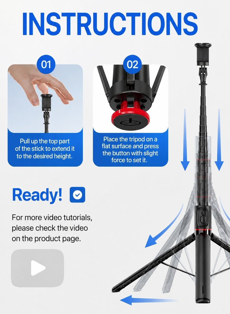 ARNOTEC 67.32 Inches (171cm) Selfie stick tripod with Bluetooth remote control, foldable and retractable, automatic pop-up design, compatible with iPhone and Android phones, 180° adjustable phone holder, suitable for Vlog, live broadcast, selfie - Image 3