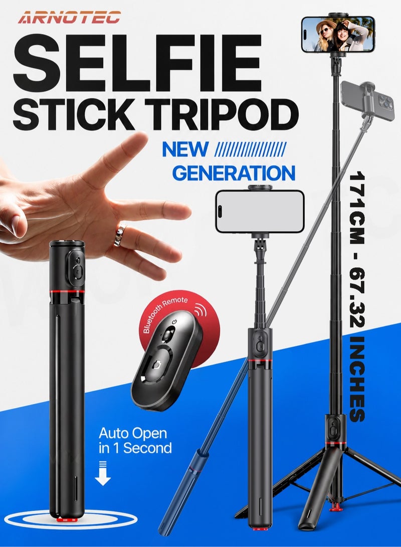 ARNOTEC 67.32 Inches (171cm) Selfie stick tripod with Bluetooth remote control, foldable and retractable, automatic pop-up design, compatible with iPhone and Android phones, 180° adjustable phone holder, suitable for Vlog, live broadcast, selfie - Image 1