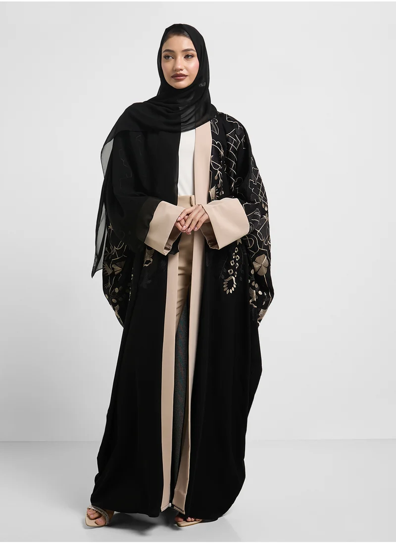 hayas closet Black Embroidered Abaya with Sheila