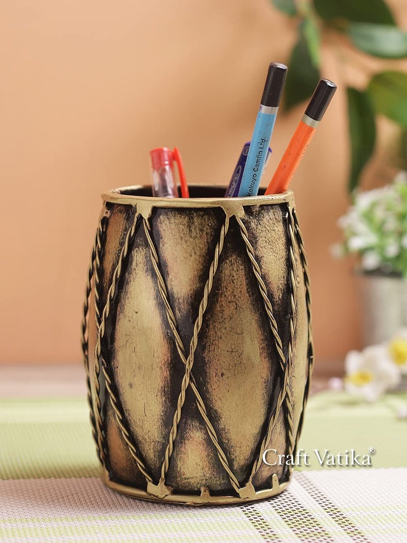CraftVatika Handcrafted Iron Dholak Pen Stand Holder Decorative Showpiece Figurine For Home Office Study Table And Desk Decoration - Image 1