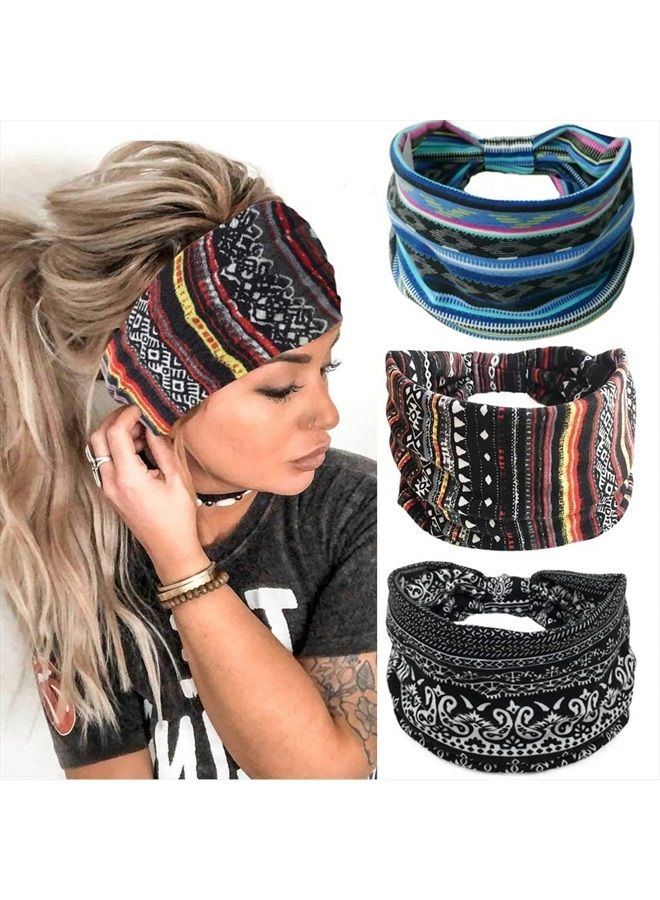 GORTIN Boho Headbands Stretch Wide Hair Bands Black Elastic Yoga Sweatband Knoted Turban Headband Cloth Twist Head Wraps Stylish Head Bands for Women and Girls 3 Pcs (Set 1) - Image 1