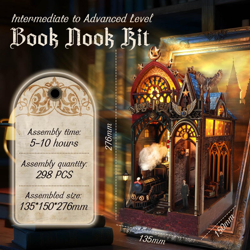 LYNNUO Magic Train Station Book Nook Kit, 3D Wooden Puzzles for Adults with LED Light and Sound, Enchanted DIY Miniature Bookshelf Decor Experienced Players, Magical Book Gifts for Adults - Image 2