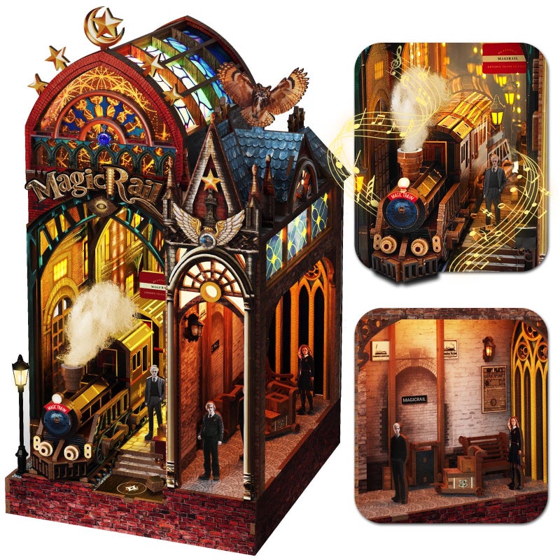 LYNNUO Magic Train Station Book Nook Kit, 3D Wooden Puzzles for Adults with LED Light and Sound, Enchanted DIY Miniature Bookshelf Decor Experienced Players, Magical Book Gifts for Adults - Image 1