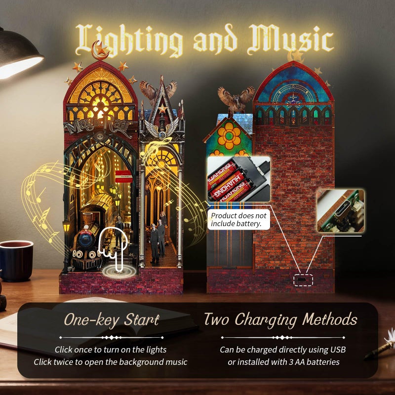 LYNNUO Magic Train Station Book Nook Kit, 3D Wooden Puzzles for Adults with LED Light and Sound, Enchanted DIY Miniature Bookshelf Decor Experienced Players, Magical Book Gifts for Adults - Image 4