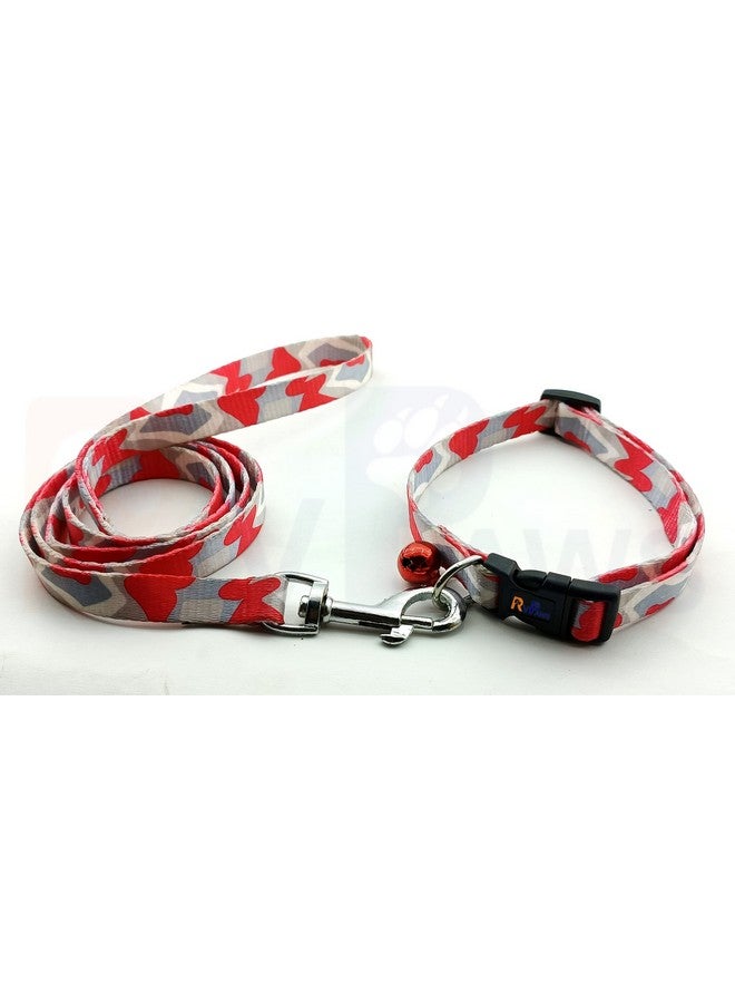 طوق ومقود للحيوانات الأليفة مطبوع عليه جرس، مشبك سريع الفتح قابل للتعديل ومجموعة طوق قابلة للتنفس مثالية للكلاب الصغيرة والمتوسطة 15 مم (أحمر وأبيض) - Image 1