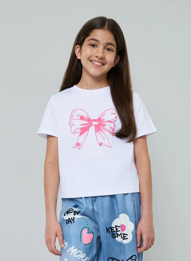 Styli Teen Girls Bow Print T-Shirt and Graffiti Jeans Set