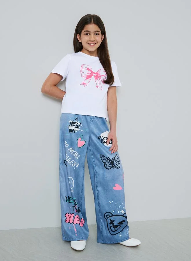 Styli Teen Girls Bow Print T-Shirt and Graffiti Jeans Set