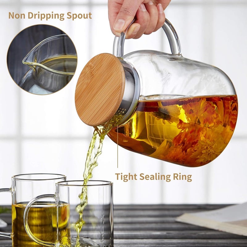 Unbreakable Large Glass Teapot with Infuser, Stovetop Safe, Thickened Heat Resistant Borosilicate Glass, 68 fl oz Glass Tea Kettle with Bamboo Lid - Image 2