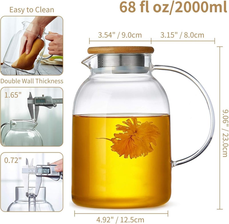 Unbreakable Large Glass Teapot with Infuser, Stovetop Safe, Thickened Heat Resistant Borosilicate Glass, 68 fl oz Glass Tea Kettle with Bamboo Lid - Image 3