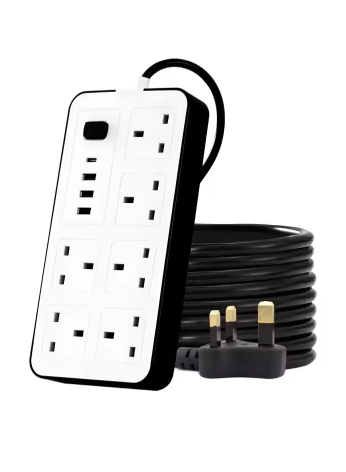 PowerMax Power Extension Cord, 5 meter Power Strip has 3USB A and 1 Type C port & 6UK Power Socket, 13A Heavy Duty Extension Lead Surge Protection Extension Socket with safety shutter for Home, Office
