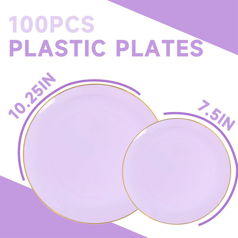 PULOTE 100PCS Purple Plastic Plates Disposable - Include 50 Dinner / 50 Dessert Plates Heavy Duty for Party, Wedding&Easter - Image 2
