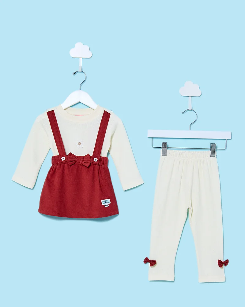 REDTAG Infant Girls Red Embellished Frok With White Bottom (2 Piece)