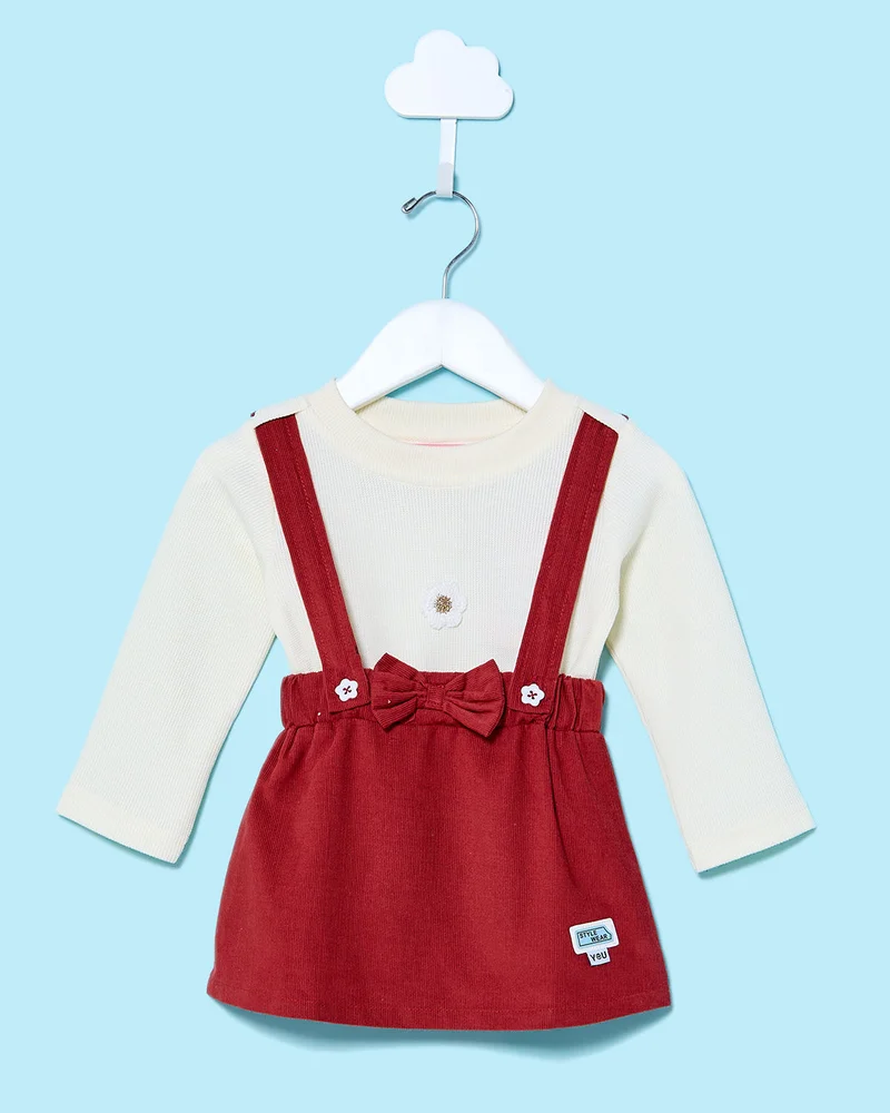 REDTAG Infant Girls Red Embellished Frok With White Bottom (2 Piece)