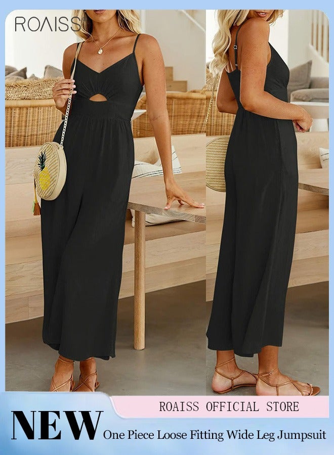 roaiss Women's V Neck casual jumpsuit Summer fashion suspender pleated high waist Rompers - Image 1