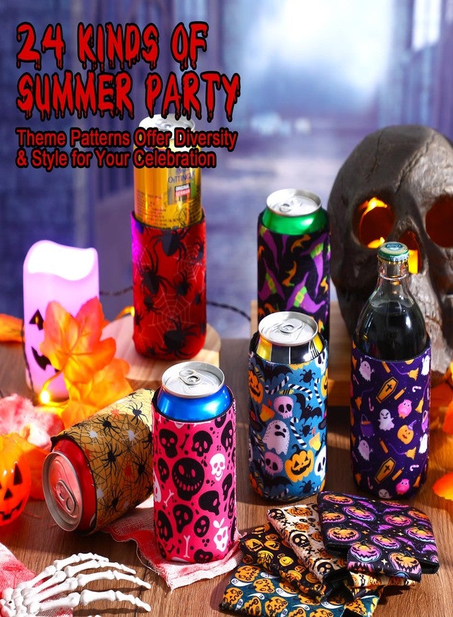 Potchen 24 Pcs Halloween Beer Can Cooler Sleeves 12 oz Soda Beer Drink Cooler Sleeve Reusable Neoprene Witch Skull Can Holders Bottle Covers for Halloween Party Supplies (Creepy Color,Patterns) - Image 4