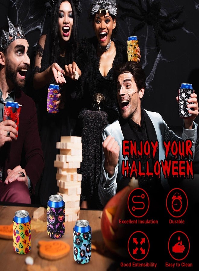 Potchen 24 Pcs Halloween Beer Can Cooler Sleeves 12 oz Soda Beer Drink Cooler Sleeve Reusable Neoprene Witch Skull Can Holders Bottle Covers for Halloween Party Supplies (Creepy Color,Patterns) - Image 5