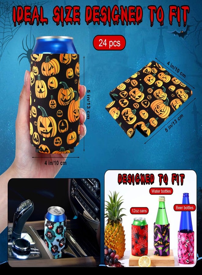 Potchen 24 Pcs Halloween Beer Can Cooler Sleeves 12 oz Soda Beer Drink Cooler Sleeve Reusable Neoprene Witch Skull Can Holders Bottle Covers for Halloween Party Supplies (Creepy Color,Patterns) - Image 2
