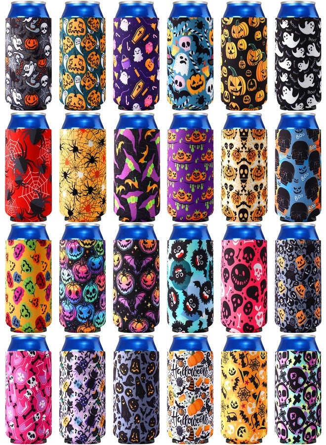 Potchen 24 Pcs Halloween Beer Can Cooler Sleeves 12 oz Soda Beer Drink Cooler Sleeve Reusable Neoprene Witch Skull Can Holders Bottle Covers for Halloween Party Supplies (Creepy Color,Patterns) - Image 1