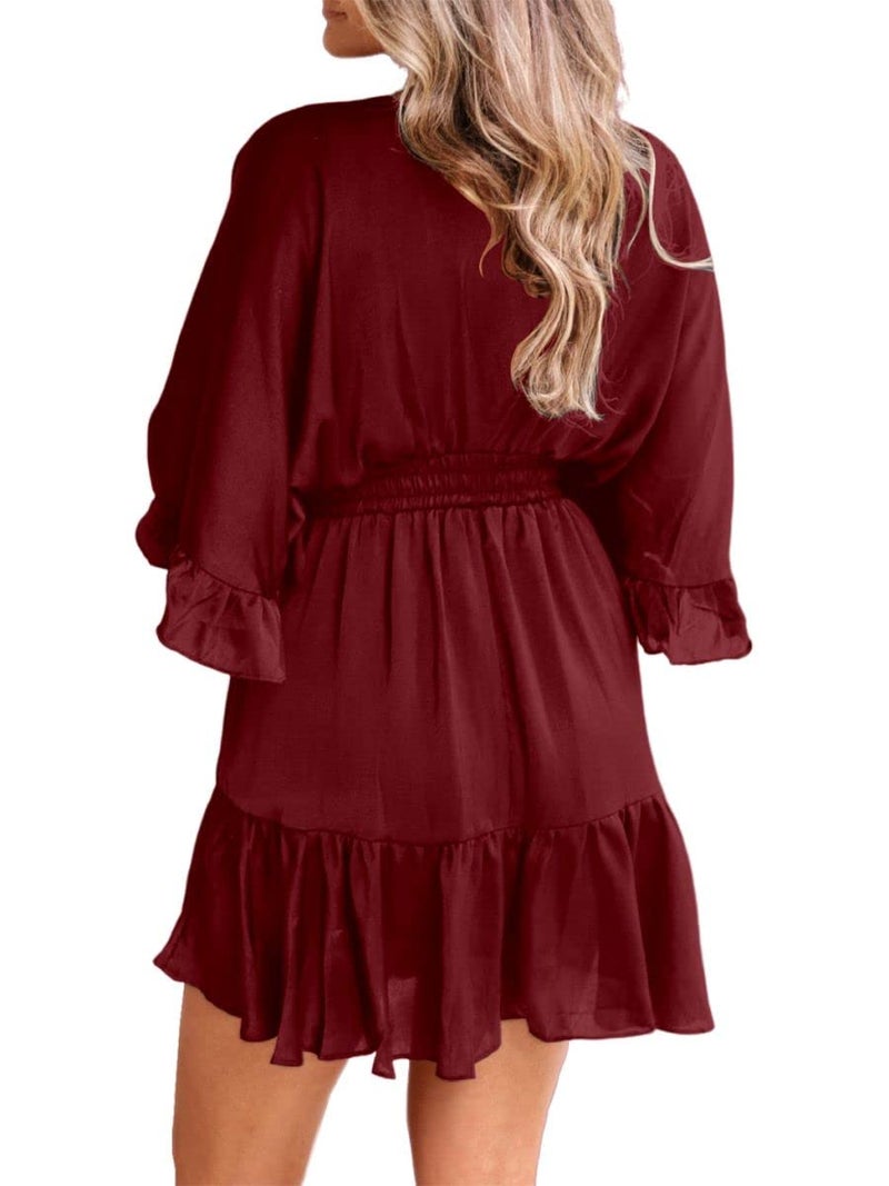 Aoysky Womens V Neck Casual Dresses Summer Loose High Waist Ruffle Pleated Cute Mini Short Dress Wine Red - Image 3