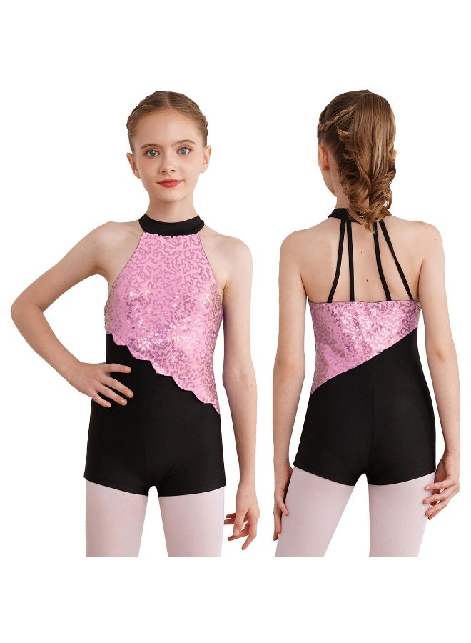 Kids Girls Glittery Sequins Dance Leotard Halter Neck Sleeveless Bodysuit for Figure Skating Rhythmic Gymnastics