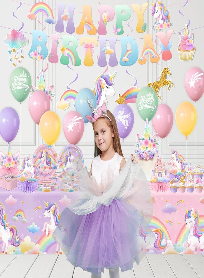 Cextoga Unicorn Birthday Decorations,189pcs Unicorn Party Decorations Tableware Unicorns Plates and Napkins Cups Tablecloth Banner Hanging Swirls Cake Topper for Rainbow Girls Birthday Party Supplies,Serve 24 - Image 3