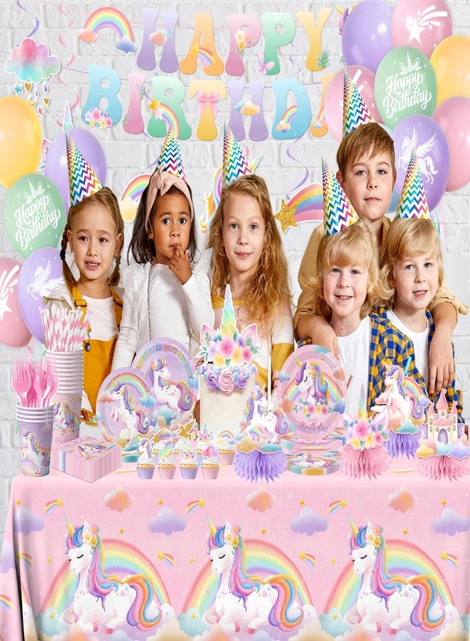 Cextoga Unicorn Birthday Decorations,189pcs Unicorn Party Decorations Tableware Unicorns Plates and Napkins Cups Tablecloth Banner Hanging Swirls Cake Topper for Rainbow Girls Birthday Party Supplies,Serve 24 - Image 2