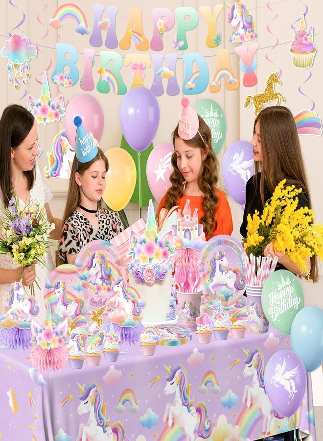 Cextoga Unicorn Birthday Decorations,189pcs Unicorn Party Decorations Tableware Unicorns Plates and Napkins Cups Tablecloth Banner Hanging Swirls Cake Topper for Rainbow Girls Birthday Party Supplies,Serve 24 - Image 4