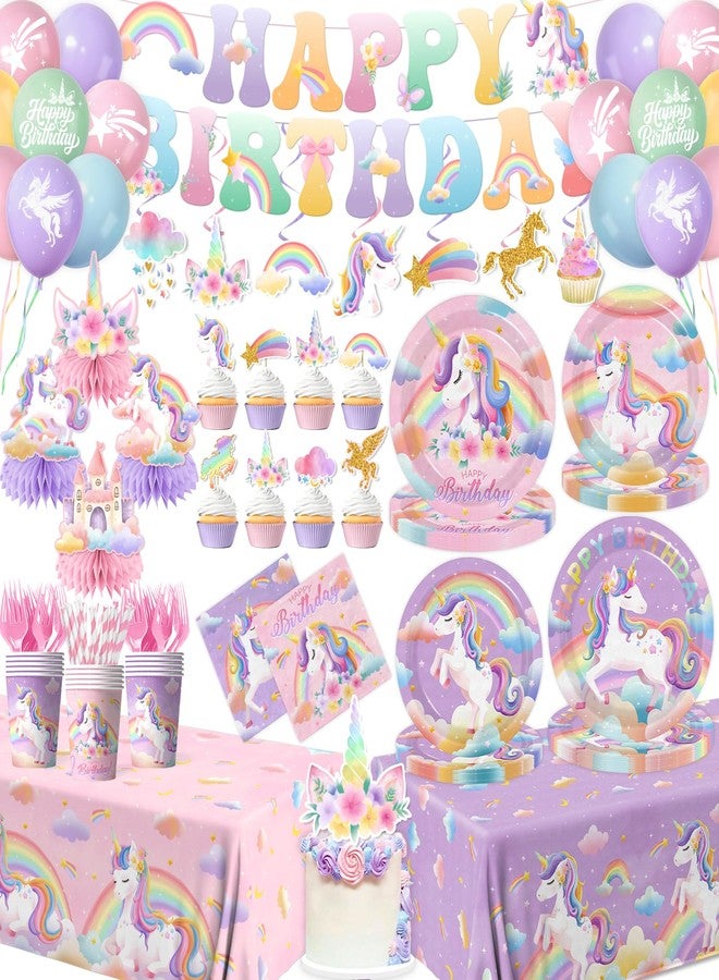 Cextoga Unicorn Birthday Decorations,189pcs Unicorn Party Decorations Tableware Unicorns Plates and Napkins Cups Tablecloth Banner Hanging Swirls Cake Topper for Rainbow Girls Birthday Party Supplies,Serve 24 - Image 1