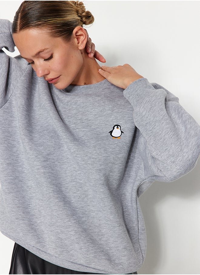 trendyol - Gray Animal Embroidered Regular/Normal Fit Thick Inside Fleece Knitted Sweatshirt TWOAW24SW00196 - Image 1