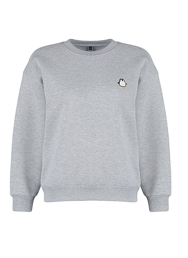 trendyol - Gray Animal Embroidered Regular/Normal Fit Thick Inside Fleece Knitted Sweatshirt TWOAW24SW00196 - Image 1