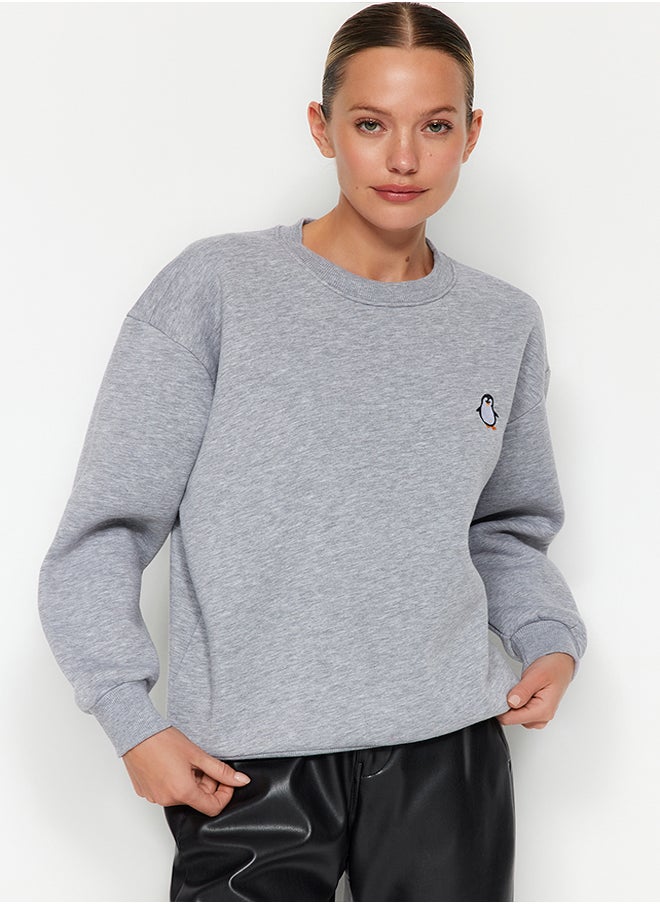 trendyol - Gray Animal Embroidered Regular/Normal Fit Thick Inside Fleece Knitted Sweatshirt TWOAW24SW00196 - Image 1