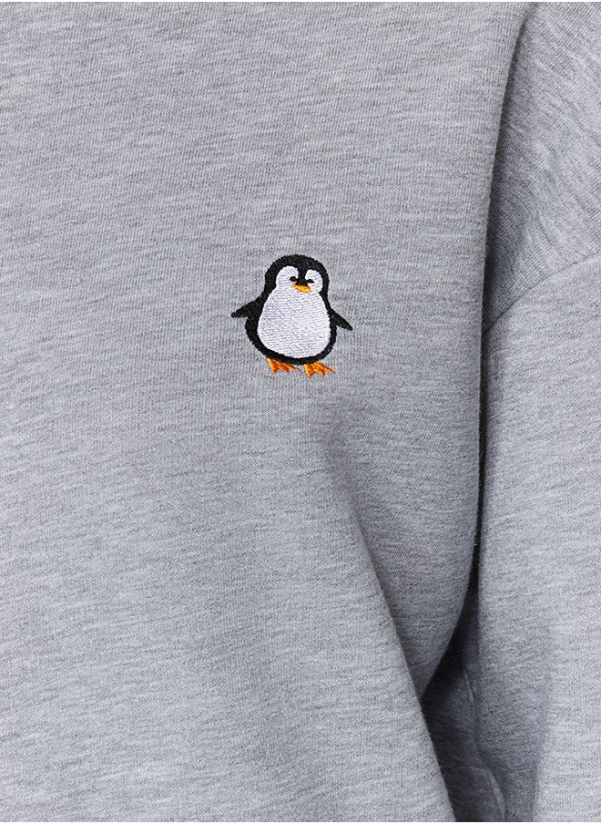 trendyol - Gray Animal Embroidered Regular/Normal Fit Thick Inside Fleece Knitted Sweatshirt TWOAW24SW00196 - Image 1