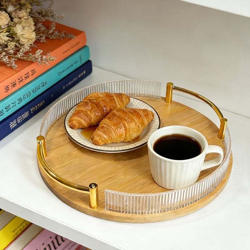 Polychrome Round Bamboo Serving Tray With Acrylic Rim Golden Handle Metal Edge Home Storage - Image 4