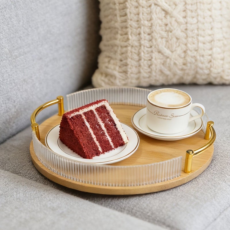 Polychrome Round Bamboo Serving Tray With Acrylic Rim Golden Handle Metal Edge Home Storage - Image 3