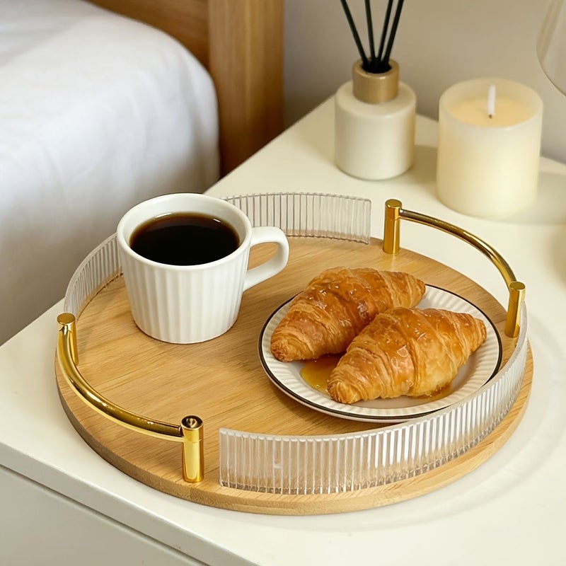 Polychrome Round Bamboo Serving Tray With Acrylic Rim Golden Handle Metal Edge Home Storage - Image 1