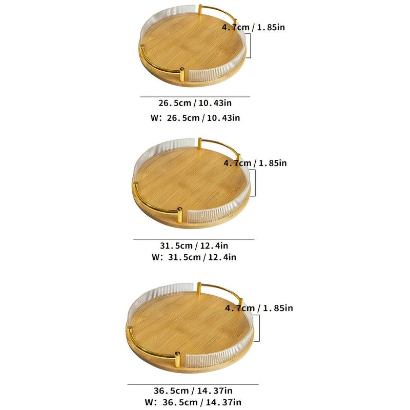 Polychrome Round Bamboo Serving Tray With Acrylic Rim Golden Handle Metal Edge Home Storage - Image 2