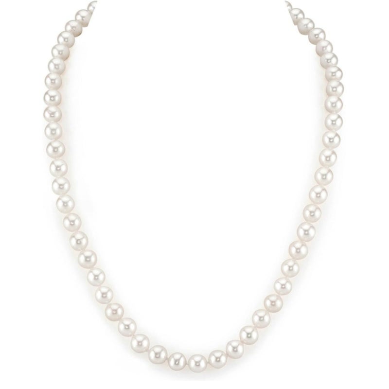 The Pearl Source Real Pearl Necklace for Women with AAA Quality Round Freshwater White Pearl Genuine Cultured Pearls White Gold 7075mm