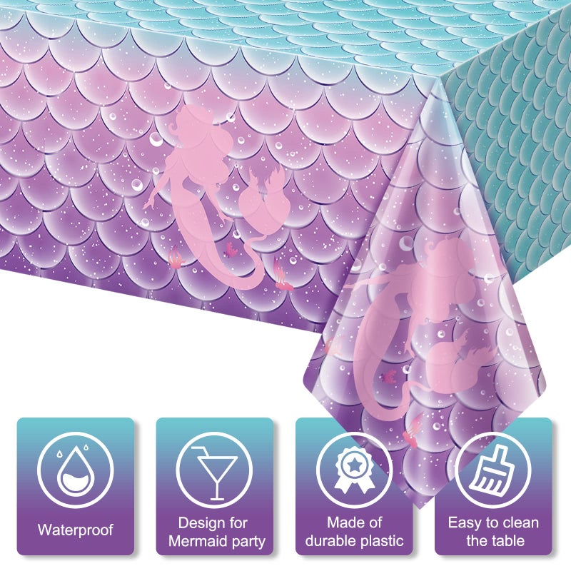 Jectivs 3Pcs Mermaid Birthday Party Tablecloth Decorations,Disposable Plastic Table Cover for Princess Under The Sea Baby Shower Themed Kids Birthday Party Supplies,108x54 Inch - Image 4
