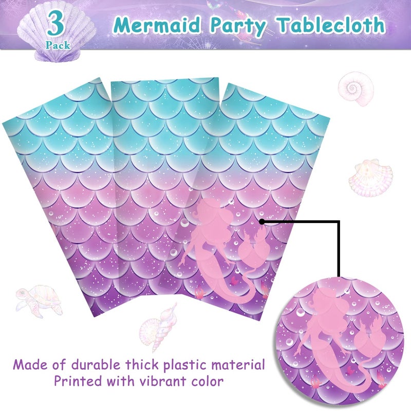 Jectivs 3Pcs Mermaid Birthday Party Tablecloth Decorations,Disposable Plastic Table Cover for Princess Under The Sea Baby Shower Themed Kids Birthday Party Supplies,108x54 Inch - Image 3