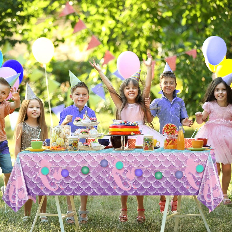 Jectivs 3Pcs Mermaid Birthday Party Tablecloth Decorations,Disposable Plastic Table Cover for Princess Under The Sea Baby Shower Themed Kids Birthday Party Supplies,108x54 Inch - Image 5