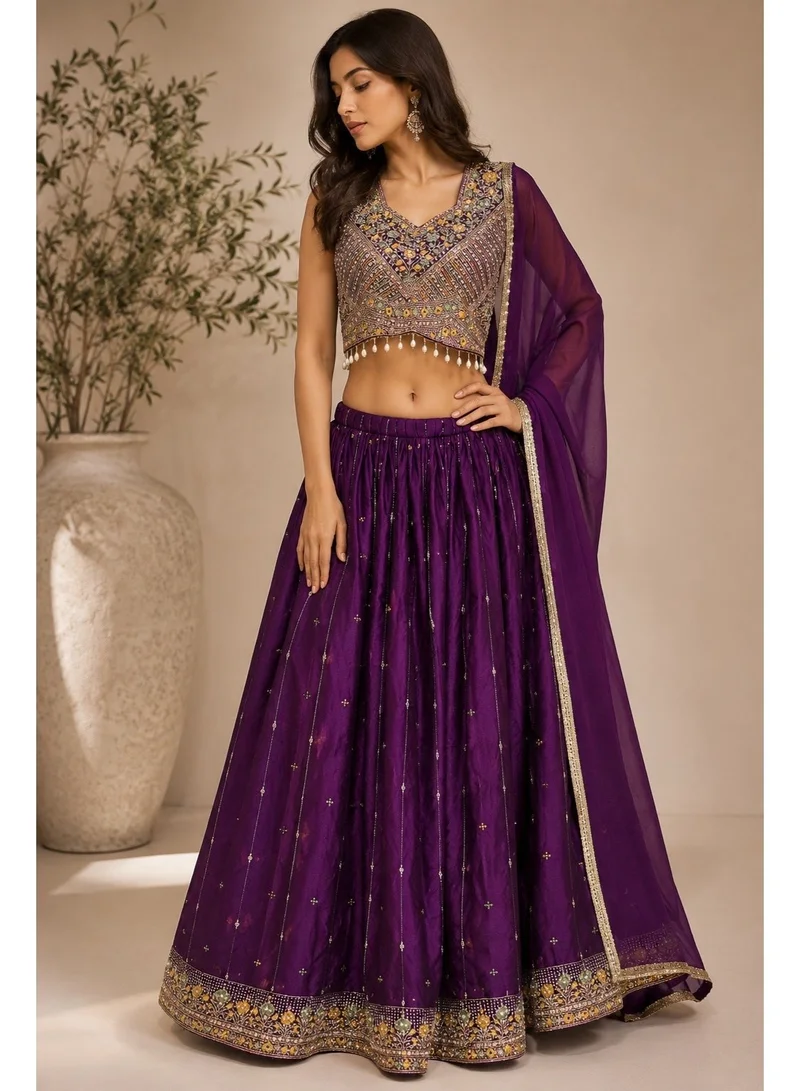 Lehar Purple Georgette Printed Lehenga Set with Embellished Blouse & Net Dupatta