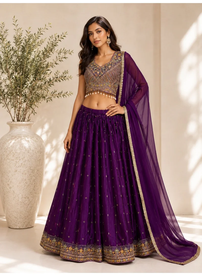 Lehar Purple Georgette Printed Lehenga Set with Embellished Blouse & Net Dupatta