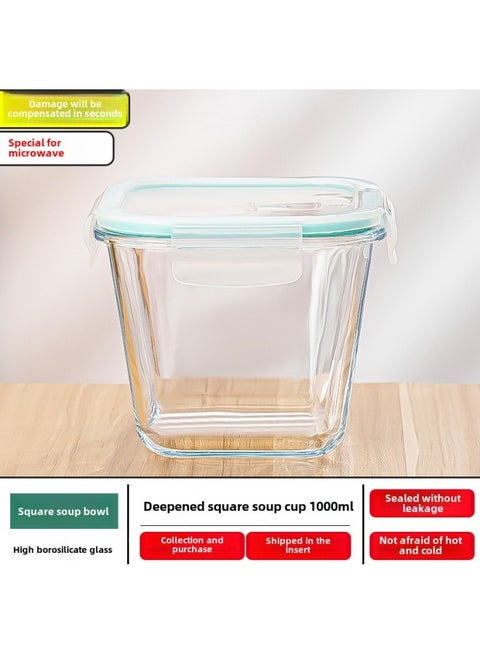 High Borosilicate Glass Soup Bowl Sealed Glass Lunch Box Microwave Heatable Large Capacity Soup Bowl Porridge Bowl Wholesale-Specifications:Square Soup Bowl 1000ml (block Pack)