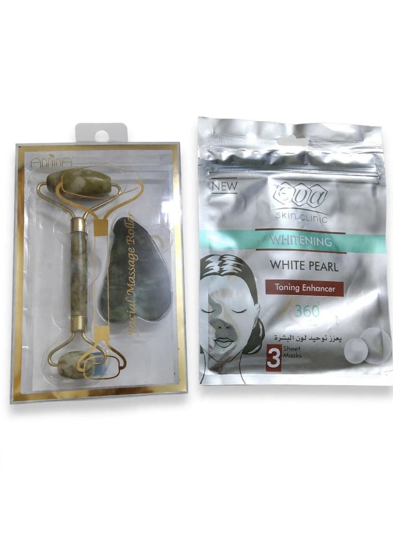A brightening and purifying 3-sheet mask that helps even out skin tone and leaves it radiant and glowing from the first use. • Package includes a gua sha roller made of natural jade stone, which helps stimulate blood circulation, reduce under-eye puffiness, and tighten the skin. The gua sha stone also helps define facial features and reduce stress. - Image 2