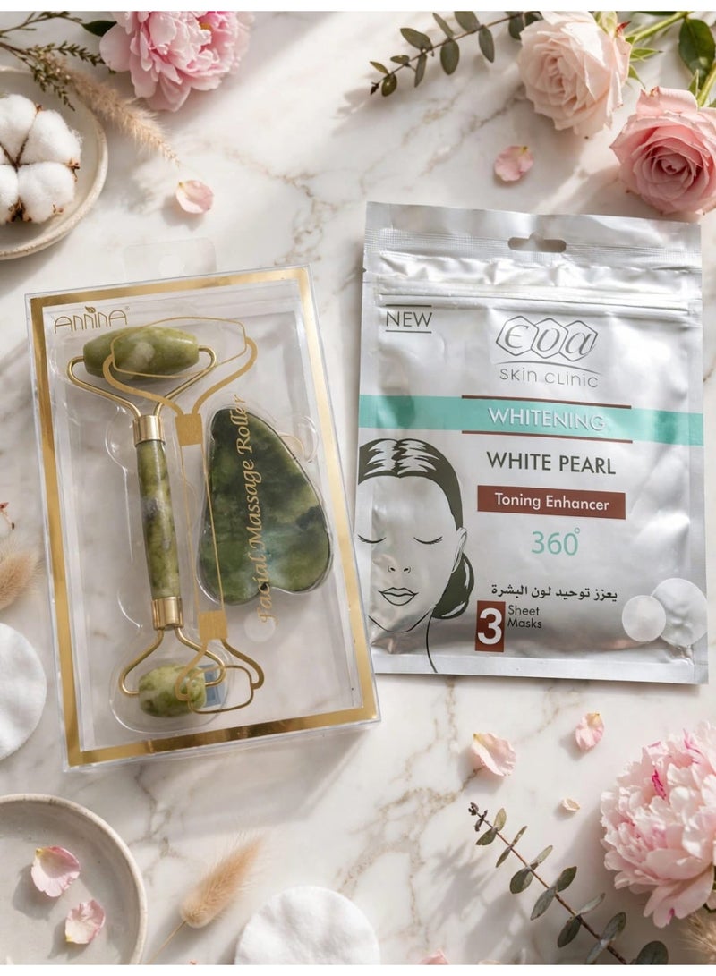 A brightening and purifying 3-sheet mask that helps even out skin tone and leaves it radiant and glowing from the first use. • Package includes a gua sha roller made of natural jade stone, which helps stimulate blood circulation, reduce under-eye puffiness, and tighten the skin. The gua sha stone also helps define facial features and reduce stress. - Image 3
