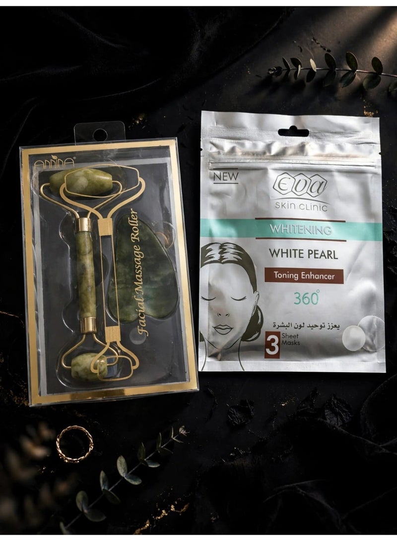 A brightening and purifying 3-sheet mask that helps even out skin tone and leaves it radiant and glowing from the first use. • Package includes a gua sha roller made of natural jade stone, which helps stimulate blood circulation, reduce under-eye puffiness, and tighten the skin. The gua sha stone also helps define facial features and reduce stress. - Image 1
